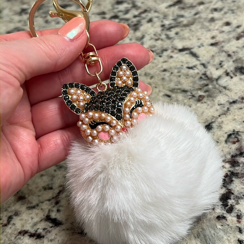 Fox Puff Bag Charm White NWT